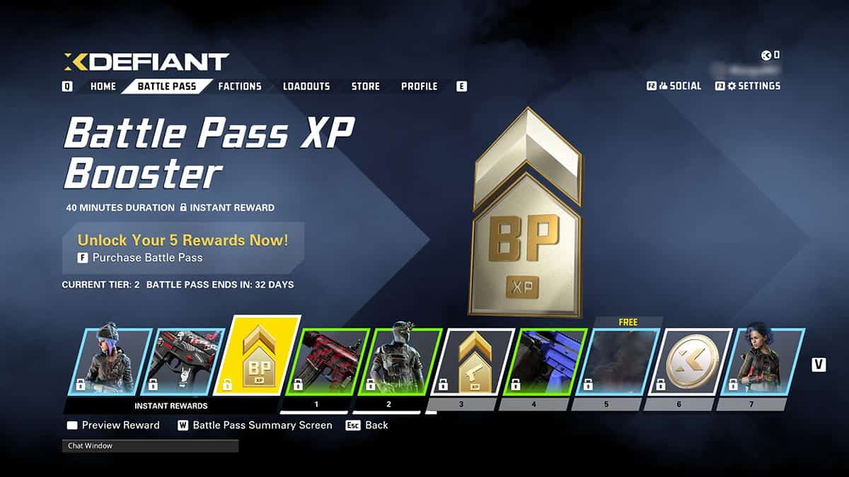 XDefiant game screen displaying the Battle Pass XP Booster with an option to unlock five rewards. Numeric indicators show track progression and available rewards, overlaying a blue background.