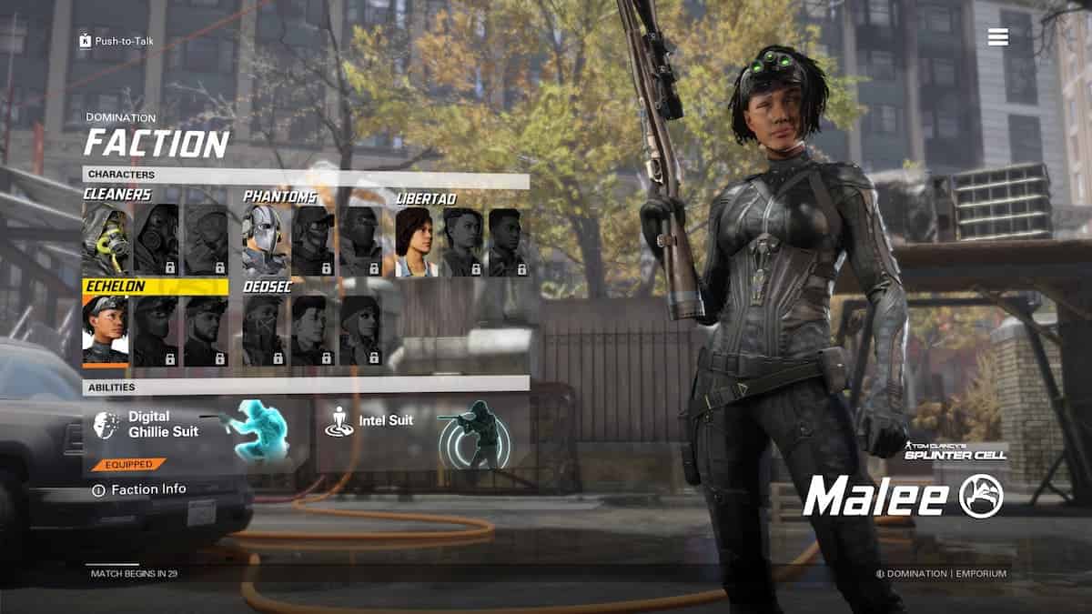 A video game character selection screen shows the "Faction" menu. Character "Malee" is highlighted, with various options and abilities like "Digital Ghillie Suit" and "Intel Suit." Perfect for crafting the best sniper loadout in XDefiant, featuring the deadly TAC-50.