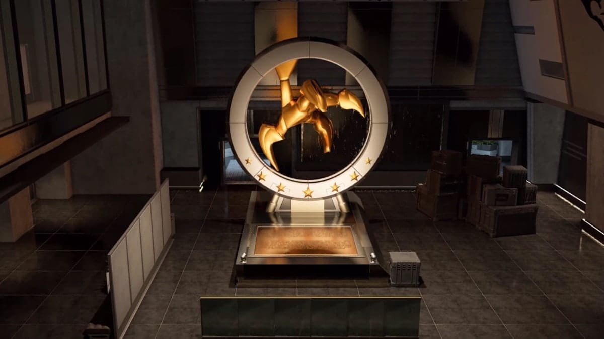Xdefiant maps: a golden winged statue is suspended within a circular frame, situated in a modern, dimly lit space with boxes stacked in the background.