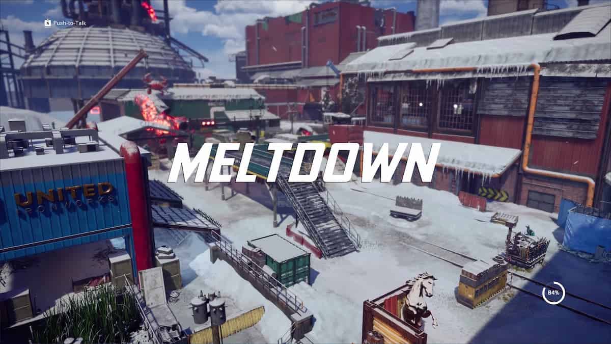 Xdefiant maps: a snowy industrial area with various buildings and structures is shown with the word "MELTDOWN" overlaid in large white text.