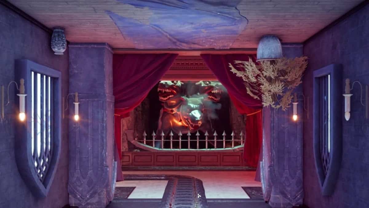 Xdefiant maps: a hallway with red curtains at the end framing a three-headed dragon statue.