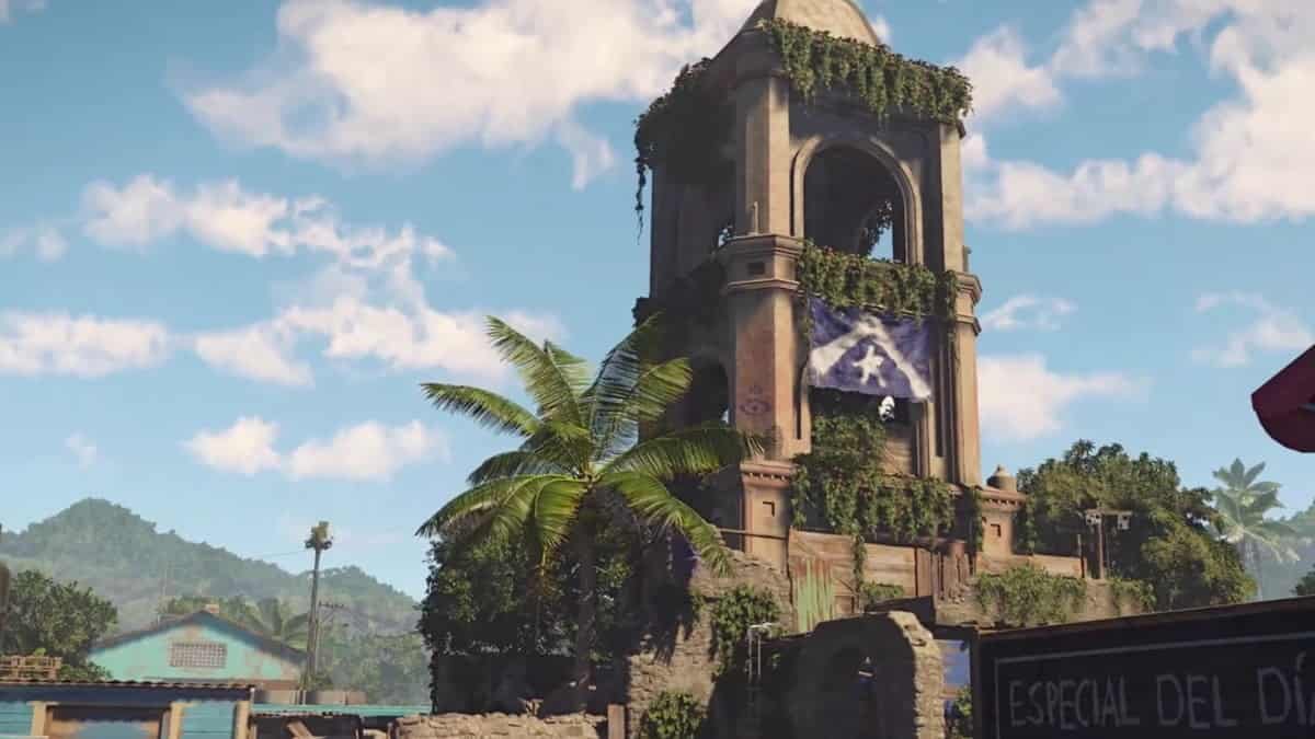 Xdefiant maps: a tall, ivy-covered bell tower stands against a bright blue sky with scattered clouds.