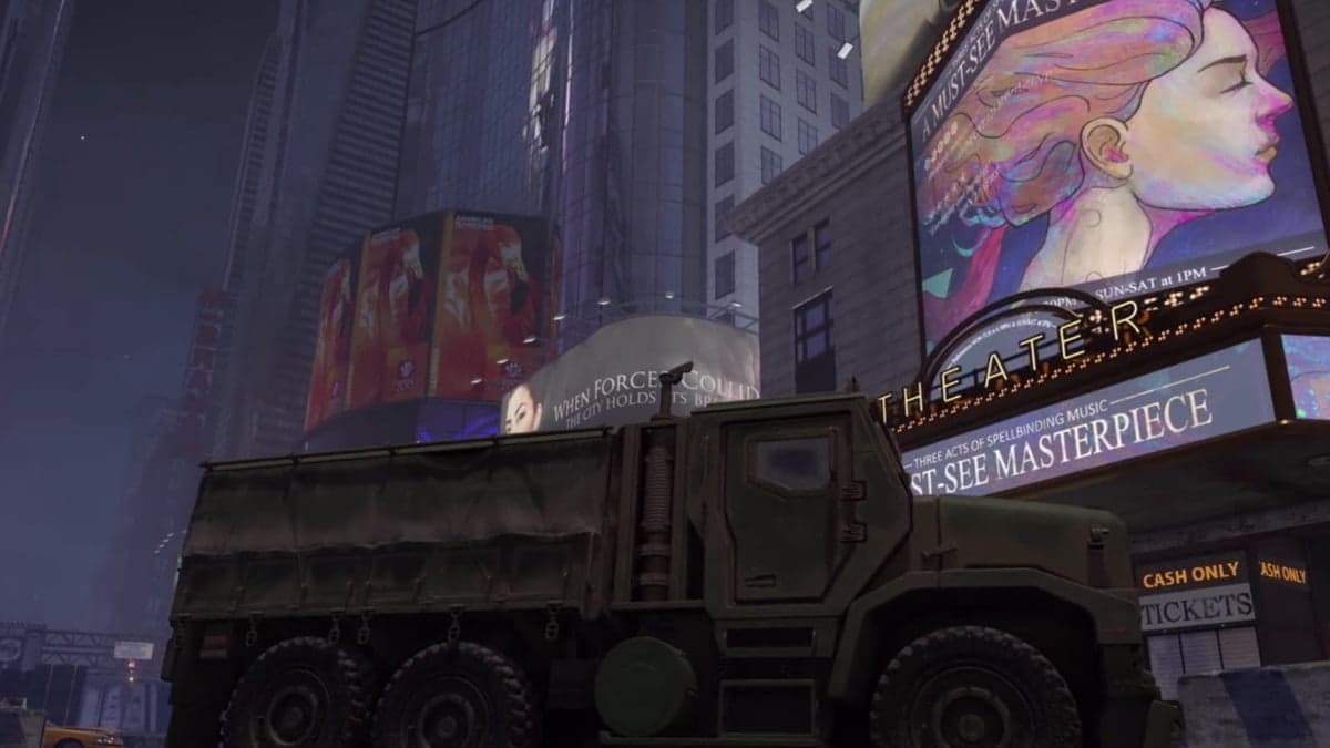 Xdefiant maps: a military truck is parked on a street in a city with large illuminated billboards and signs.