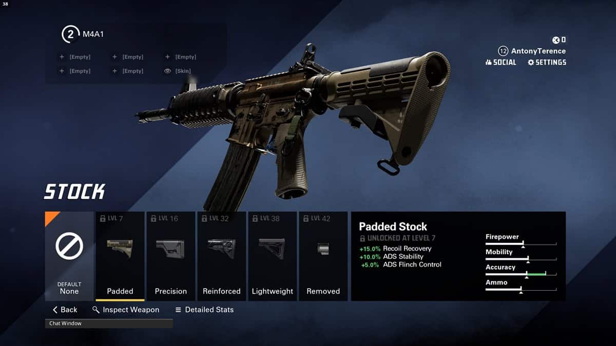 A player checks a weapon and their attachments.
