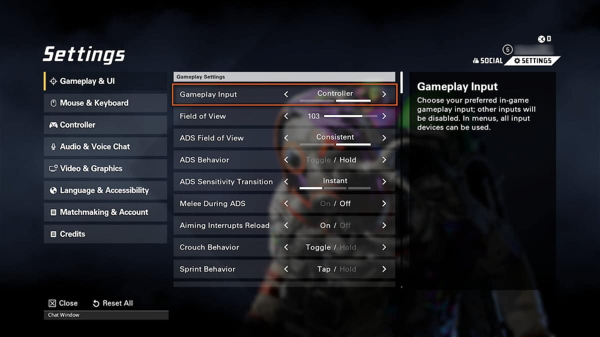 Screenshot of the XDefiant game settings menu with various gameplay options, including input, field of view, ADS settings, aim assist, and more. The selected option is Gameplay Input set to Controller on PC.