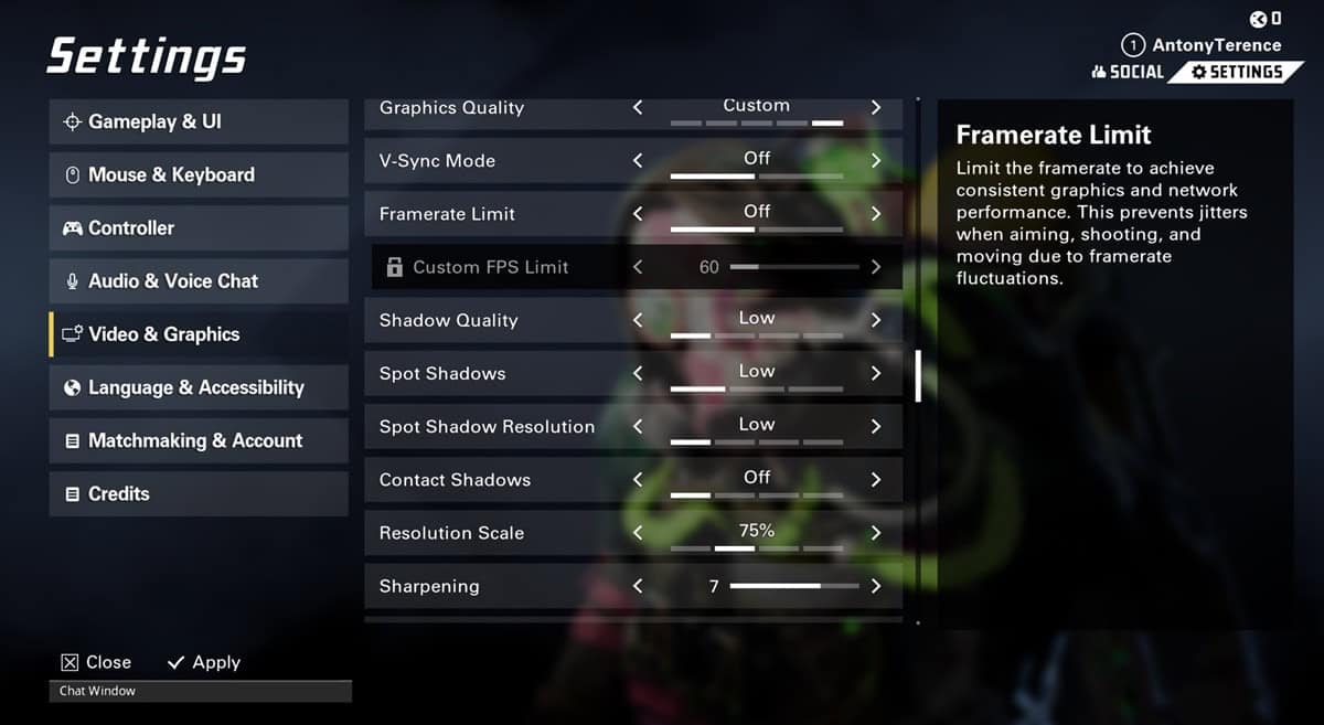 The settings menu, with most options set to low.