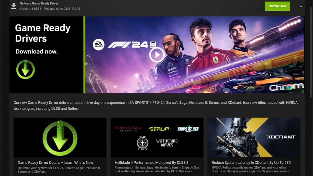 The NVIDIA GeForce Experience application with the latest 555.85 driver.