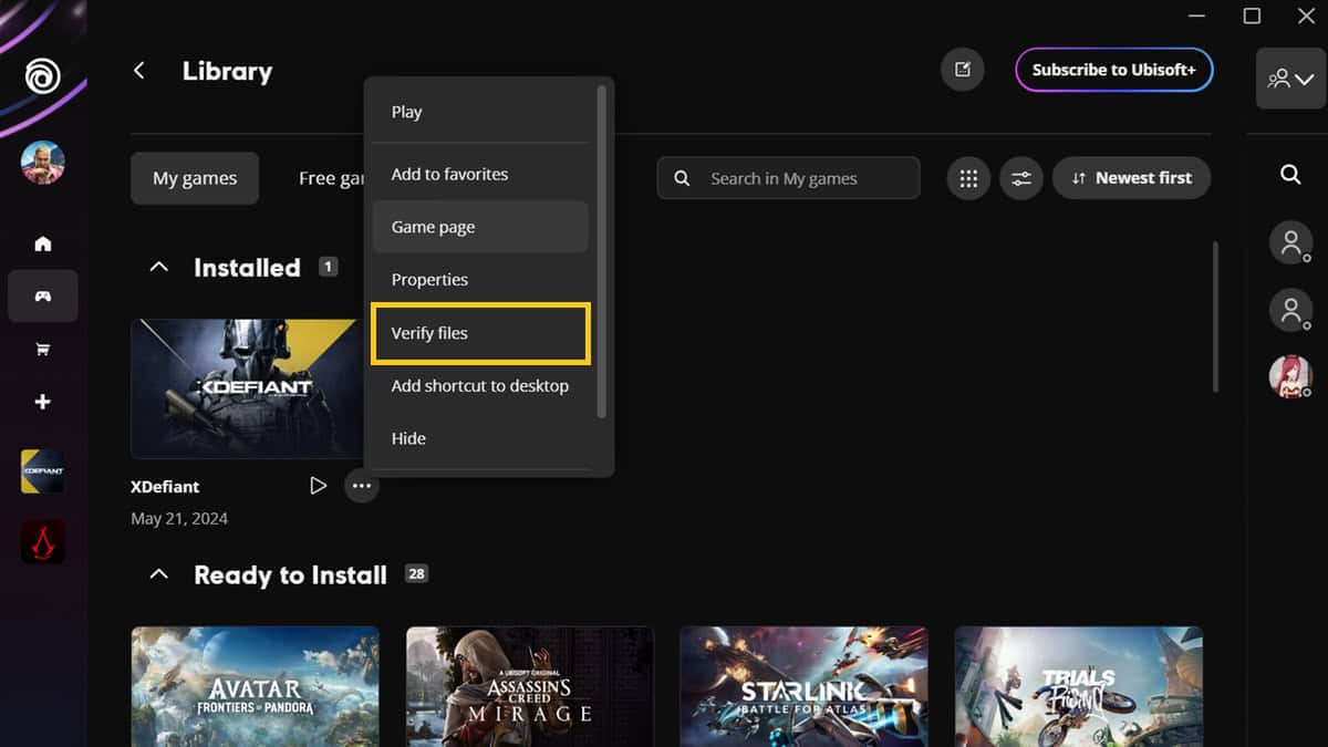 The Ubisoft Connect application with the verify files option highlighted.