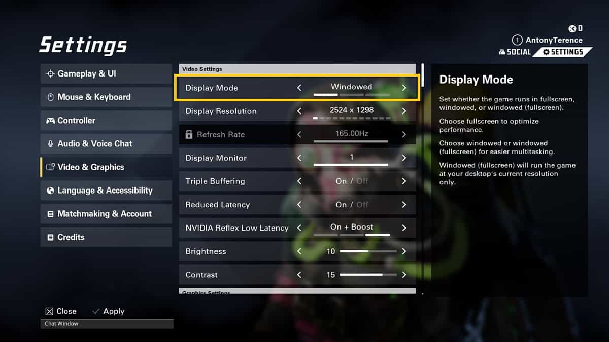 The XDefiant settings menu with the Display Mode option highlighted.