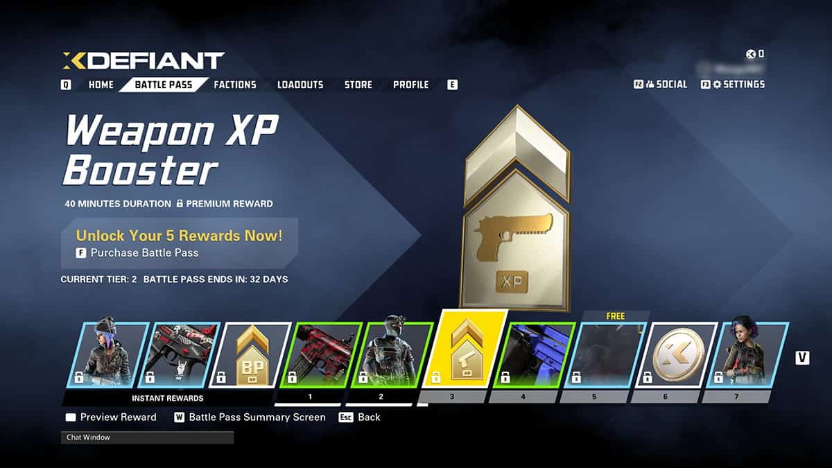 Game screen showing the Battle Pass rewards in XDefiant. Central panel displays "Weapon XP Booster" and related information to help you level up fast. Below, tiers 5 to 10 showcase various reward icons.